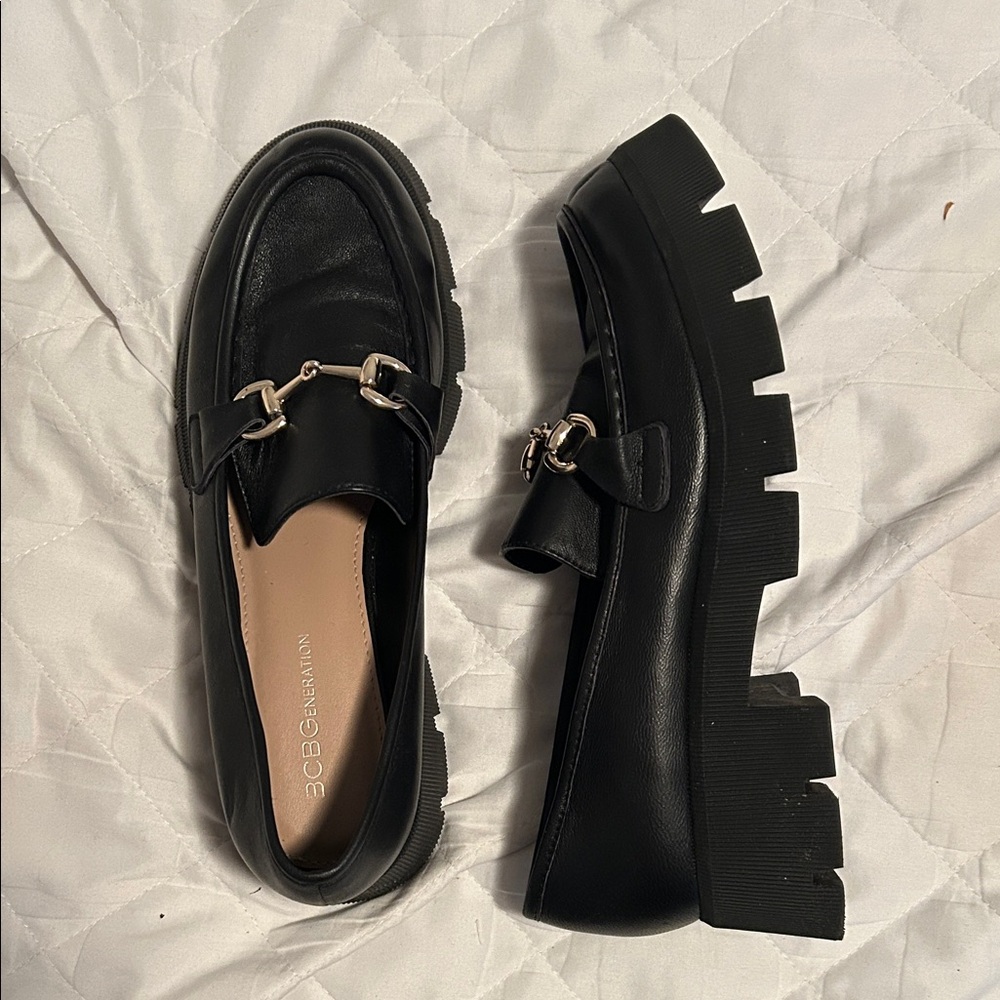 BCBGeneration Black Chunky Lug Sole Leather Loafers